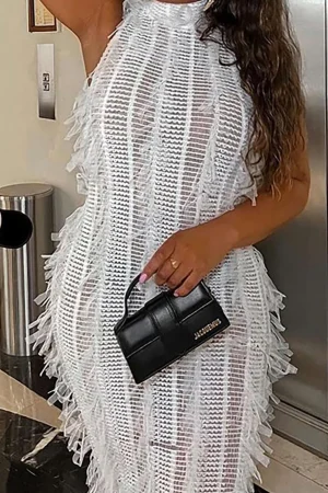 Fringe Mesh Mock Neck Midi Dress>MICAS Outlet