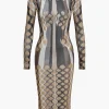Geometric Print Sheer Mesh Long Sleeve Midi Dress>MICAS Best