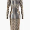 Geometric Print Sheer Mesh Long Sleeve Midi Dress>MICAS Best