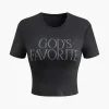 GOD'S FAVORITE Rhinestone Decor Crop T-shirt>MICAS Clearance