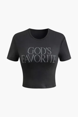 GOD'S FAVORITE Rhinestone Decor Crop T-shirt>MICAS Clearance