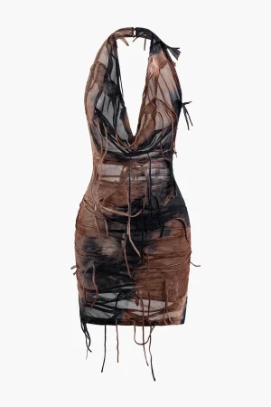 Halter Backless Distressed Mini Dress>MICAS Fashion