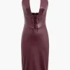 Halter Faux Leather Lace-Up Midi Dress>MICAS New