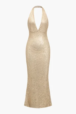Halter Neck Backless Sequin Maxi Dress>MICAS Discount