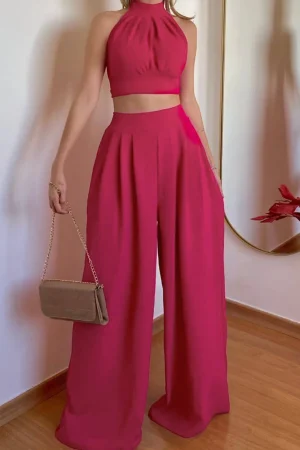 Halter Neck Backless Top And Pleated Pants Set>MICAS Discount