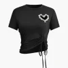 Heart Rhinestone Hollow Out Drawstring Ruched T-shirt>MICAS Discount