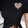 Heart Rhinestone Hollow Out Drawstring Ruched T-shirt>MICAS Discount