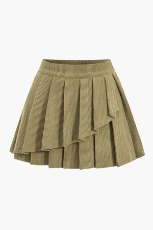High Waist Pleated Asymmetrical Corduroy Skirt>MICAS Fashion