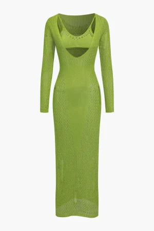 Hollow Out Long Sleeve Knit Maxi Dress With Bra Set>MICAS New