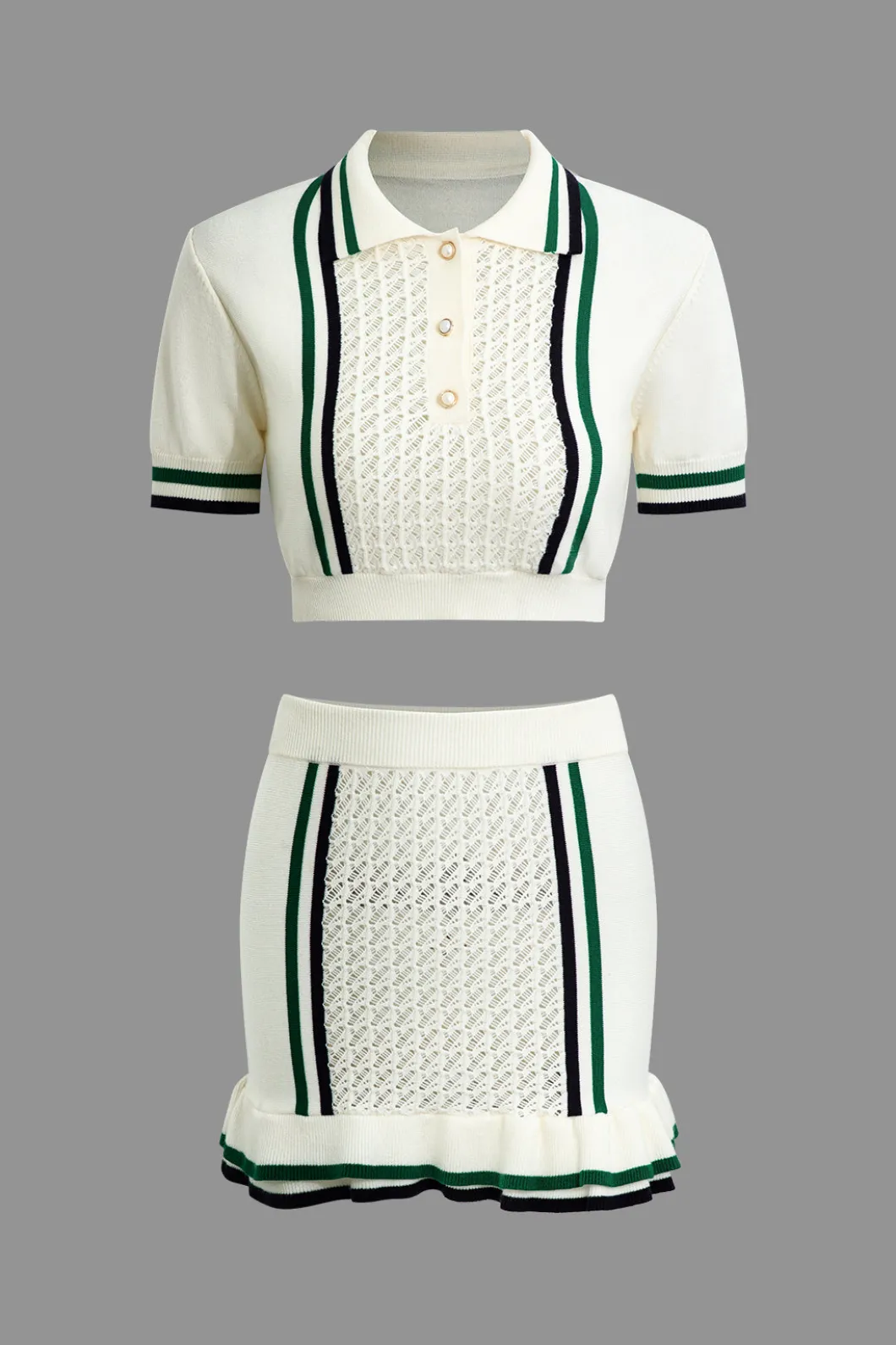 Hollow Out Polo Knit Crop Top And Skirt Set>MICAS Clearance