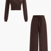Hooded Ruched Cropped Top And Drawstring Straight Leg Pants Set>MICAS Clearance