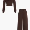 Hooded Ruched Cropped Top And Drawstring Straight Leg Pants Set>MICAS Clearance