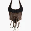 Jacquard Eyelet Tie Halter Corset Top>MICAS Hot