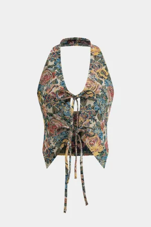 Jacquard Halter Neck Tie-Up Tank Top>MICAS Online
