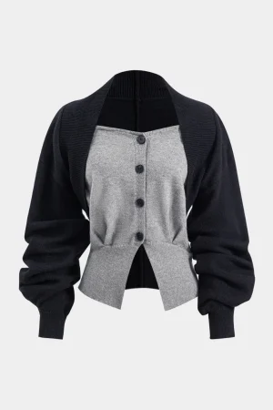 Knit Button Patchwork Long-Sleeve Top>MICAS Hot