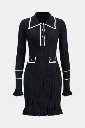 Knit Button Ruffles Bell Sleeve Mini Dress>MICAS Discount