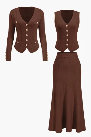 Knit Button Vest And Cardigan And Skirt Set>MICAS Outlet