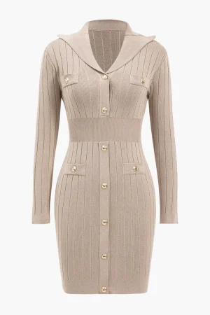 Knit Button V-Neck Hollow Out Long Sleeve Dress>MICAS Online