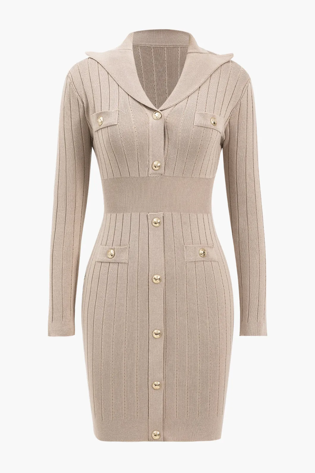 Knit Button V-Neck Hollow Out Long Sleeve Dress>MICAS Online