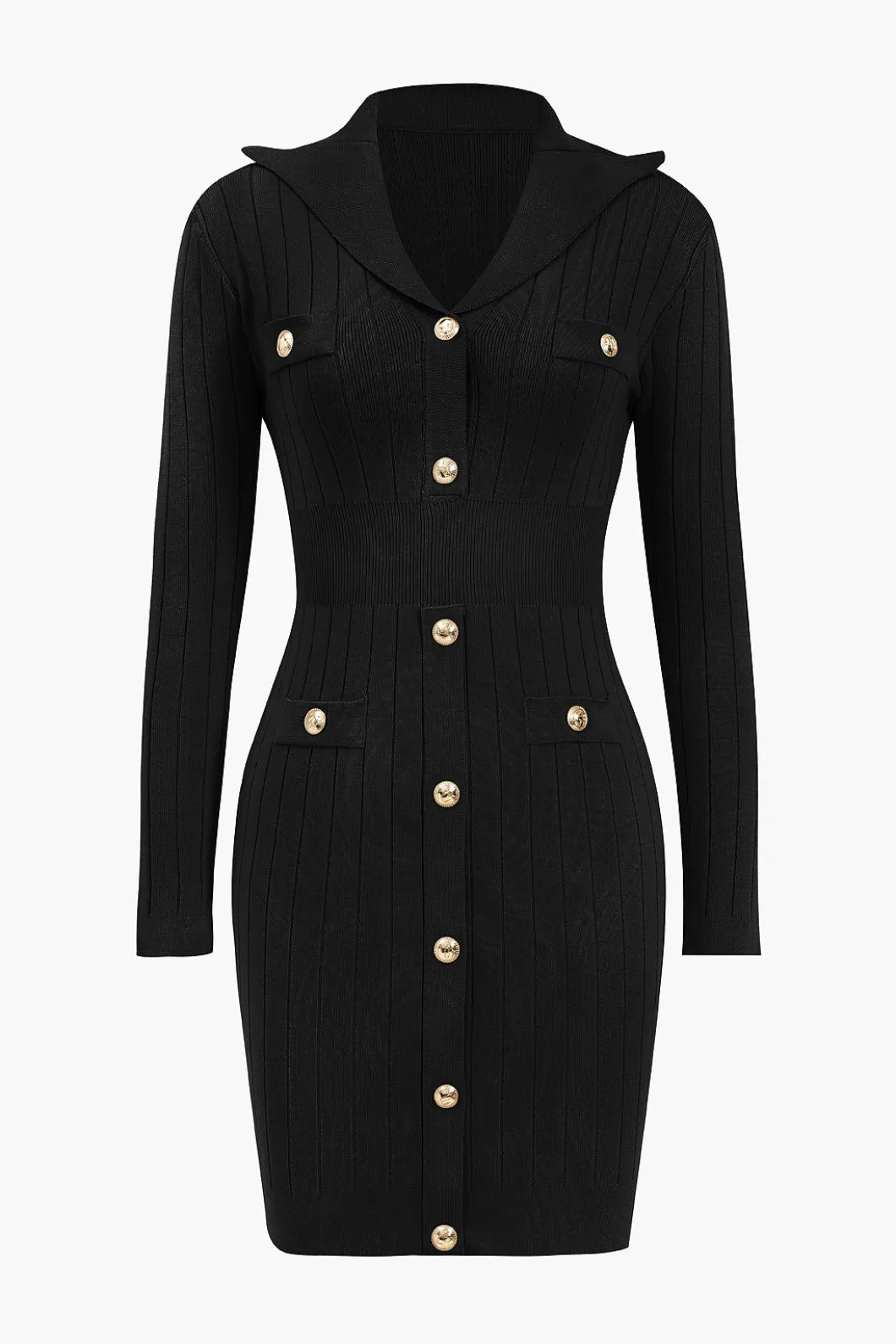 Knit Button V-Neck Hollow Out Long Sleeve Dress>MICAS Online