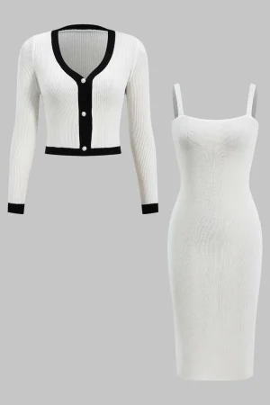 Knit Button V-Neck Patchwork Long Sleeve Cardigan And Slip Dress Set>MICAS New