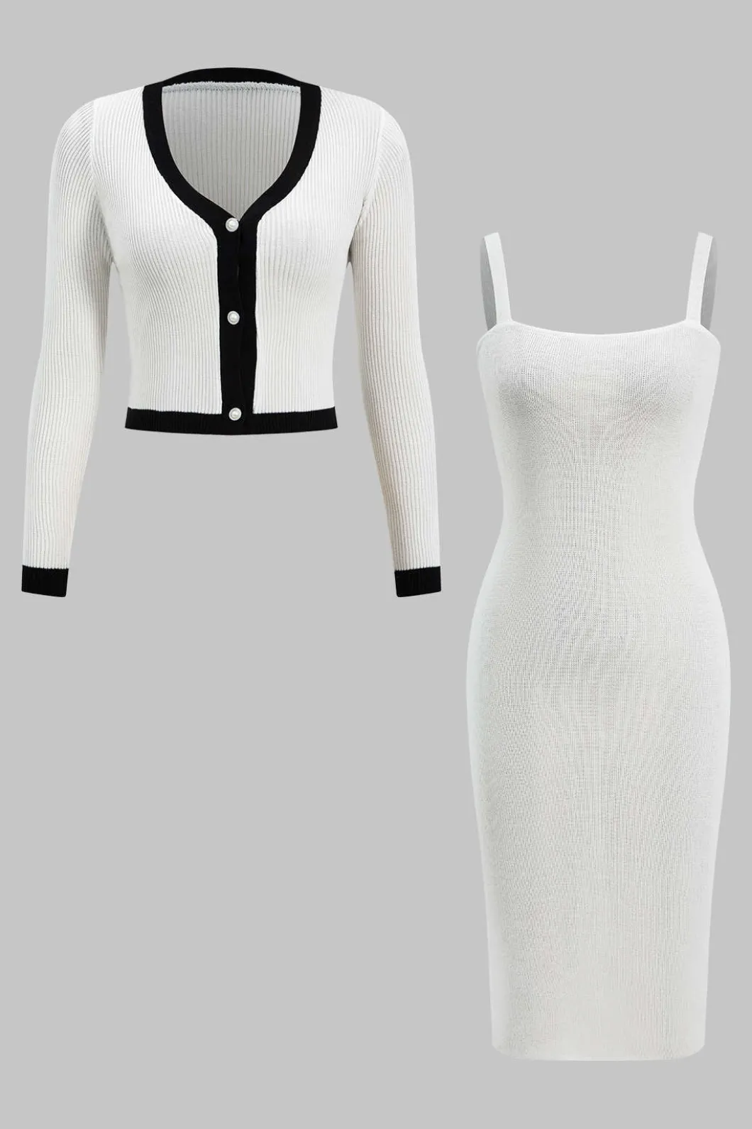 Knit Button V-Neck Patchwork Long Sleeve Cardigan And Slip Dress Set>MICAS New