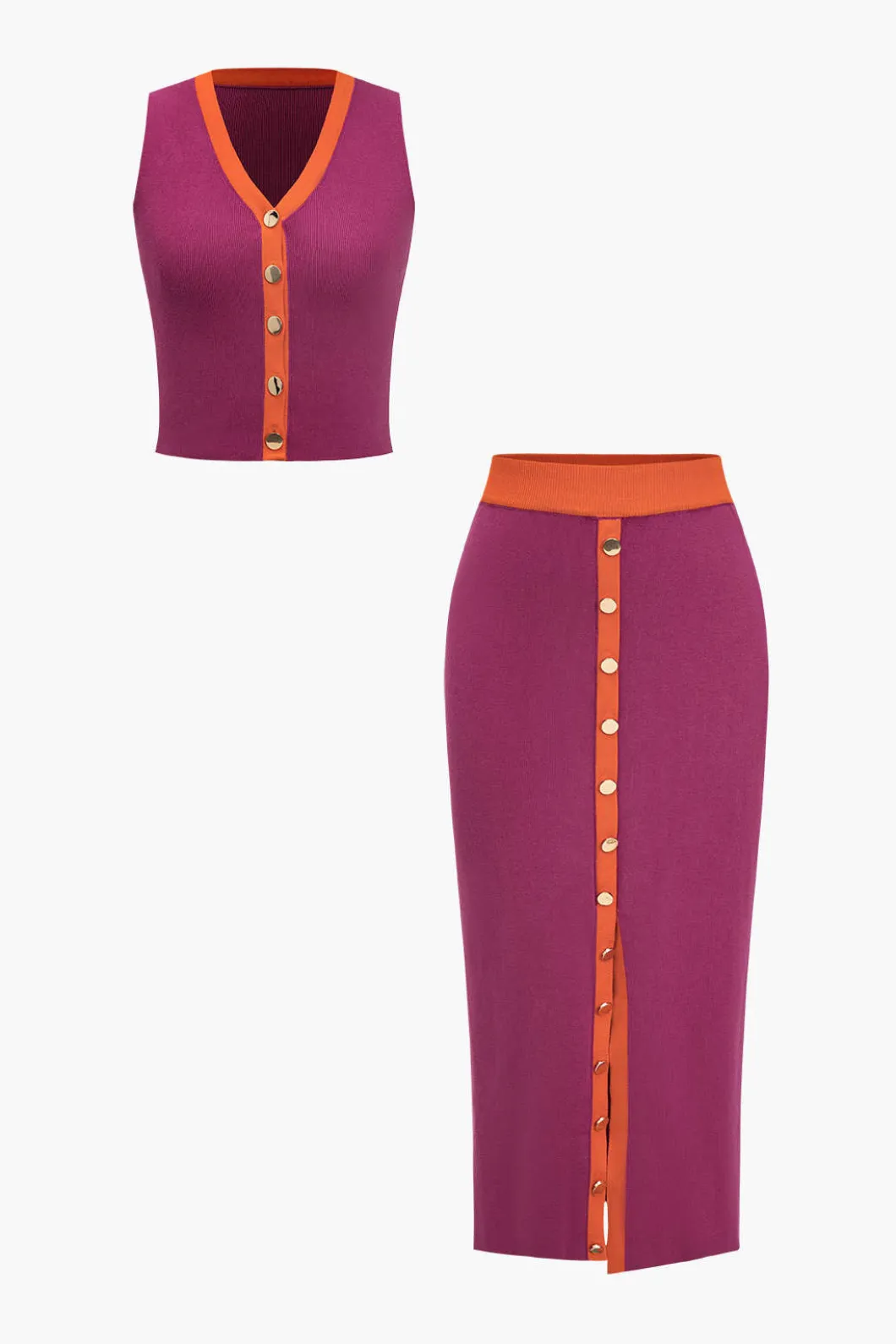 Knit Color-Block Button Tank Top And Skirt Set>MICAS Discount