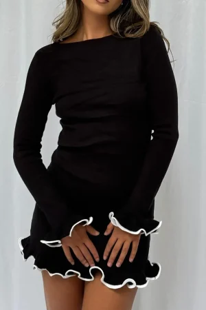 Knit Contrast Whipstitching Dress>MICAS Fashion