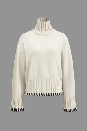 Knit Contrast Whipstitching Long-Sleeve Top>MICAS Outlet