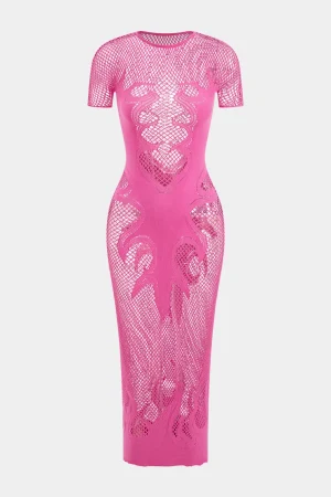 Knit Cut Out Sheer Short Sleeve Dress>MICAS Fashion