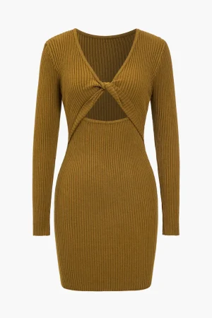 Knit Cut Out Twist Knot V-Neck Long Sleeve Dress>MICAS Fashion