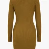 Knit Cut Out Twist Knot V-Neck Long Sleeve Dress>MICAS Fashion