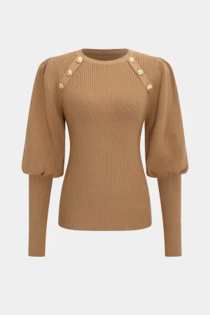 Knit Gold Button Gigot Sleeve Long-Sleeve Top>MICAS Outlet