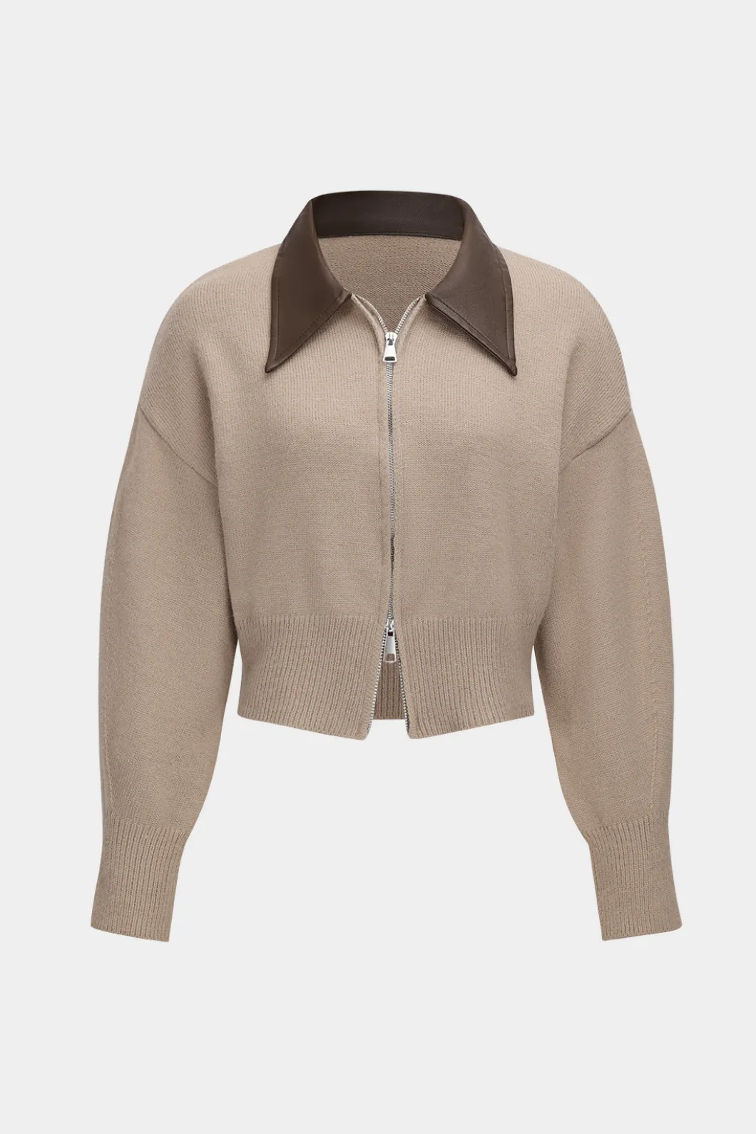 Knit Leather Patchwork Zipper Cardigan>MICAS Discount