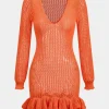 Knit Mesh Scallop Edge Long Sleeve Dress>MICAS New