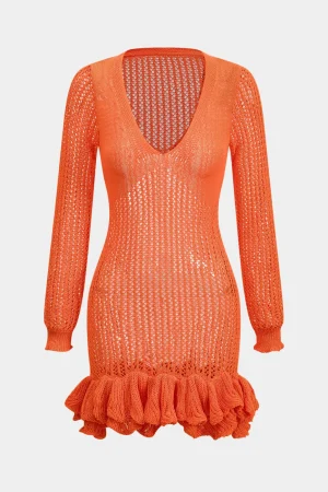 Knit Mesh Scallop Edge Long Sleeve Dress>MICAS New