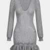 Knit Mesh Scallop Edge Long Sleeve Dress>MICAS New