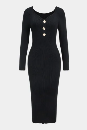 Knit Metallic Button Long Sleeve Dress>MICAS Sale