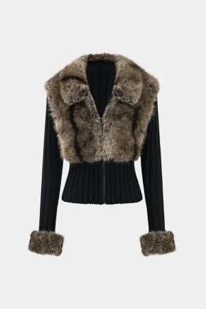 Knit Patchwork Faux Fur Collar Long-Sleeve Cardigan>MICAS Sale