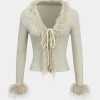Knit Patchwork Faux Fur Tie-Up Long-Sleeve Top>MICAS Clearance
