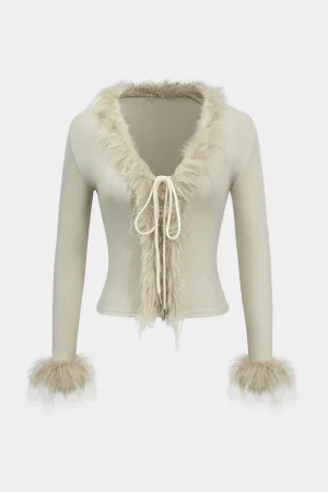 Knit Patchwork Faux Fur Tie-Up Long-Sleeve Top>MICAS Clearance