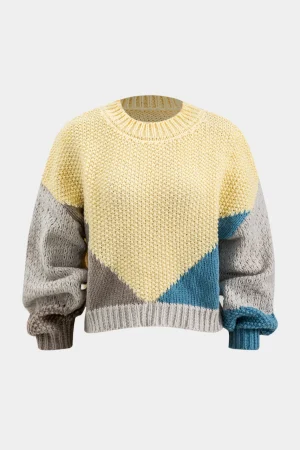 Knit Patchwork Round Neck Long-Sleeve Top>MICAS New