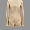 Knit Patchwork Tie-Up V-Neck Long Sleeve Romper>MICAS Sale