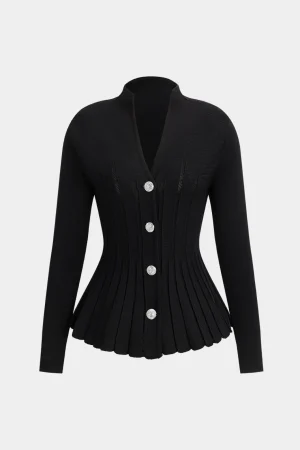Knit Pleated Crystal Button Long-Sleeve Top>MICAS Best