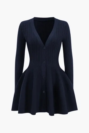 Knit Puff Hem Long Sleeve V-neck Dress>MICAS Outlet