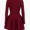 Knit Puff Hem Long Sleeve V-neck Dress>MICAS Outlet