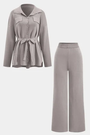 Knit Tie-Up Button Pocket Long-Sleeve Top And Trousers Set>MICAS New