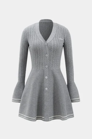 Knitted Button V-Neck Bell Sleeve Long Sleeve Sweater Dress>MICAS New