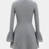 Knitted Button V-Neck Bell Sleeve Long Sleeve Sweater Dress>MICAS New