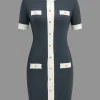 Knitted Contrast Short Sleeve Button Dress>MICAS Outlet